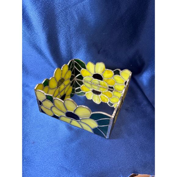 Vintage Stain Glass Yellow Flower Design with Mirror Bottom Trinket Dish - Picture 3 of 5